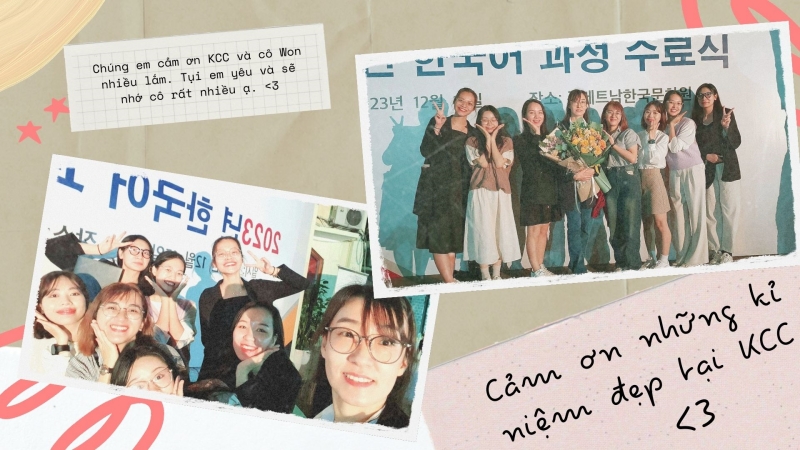 Hình ảnh chúng mình chụp ảnh với cô giáo dạy tiếng Hàn Won Hyang Jae trong buổi lễ tốt nghiệp khóa học tiếng Hàn năm học 2023. (Ảnh: Trần Huyền Phương, Võ Minh Thu)