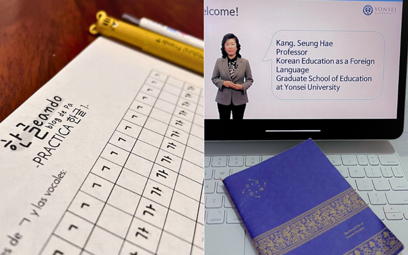  La foto muestra una plantilla de hangeul (alfabeto coreano) y una de las clases de idioma coreano que ofrece vía online la Universidad de Yonsei. | Carol Rueda