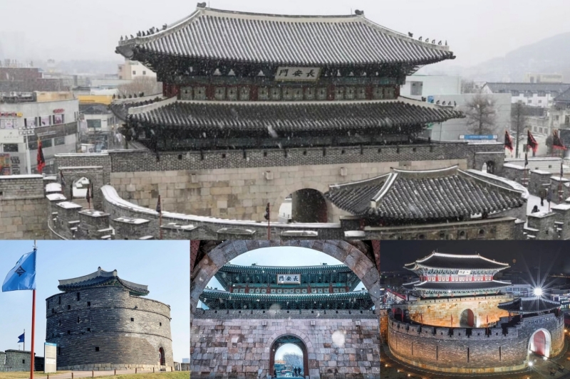 Pháo đài Suwon Hwaseong nhìn từ các góc trước, trái và bên trong. (Ảnh: Phan Thị Thu Đào)