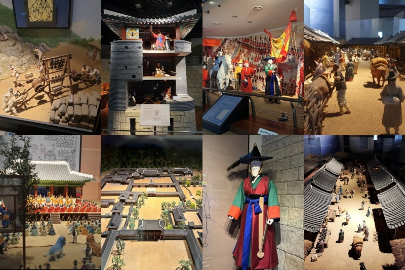 Các hình ảnh mô phỏng đời sống sinh hoạt và pháo đài Suwon Hwaseong tại Bảo tàng Suwon Hwaseong. (Ảnh: Phan Thị Thu Đào)