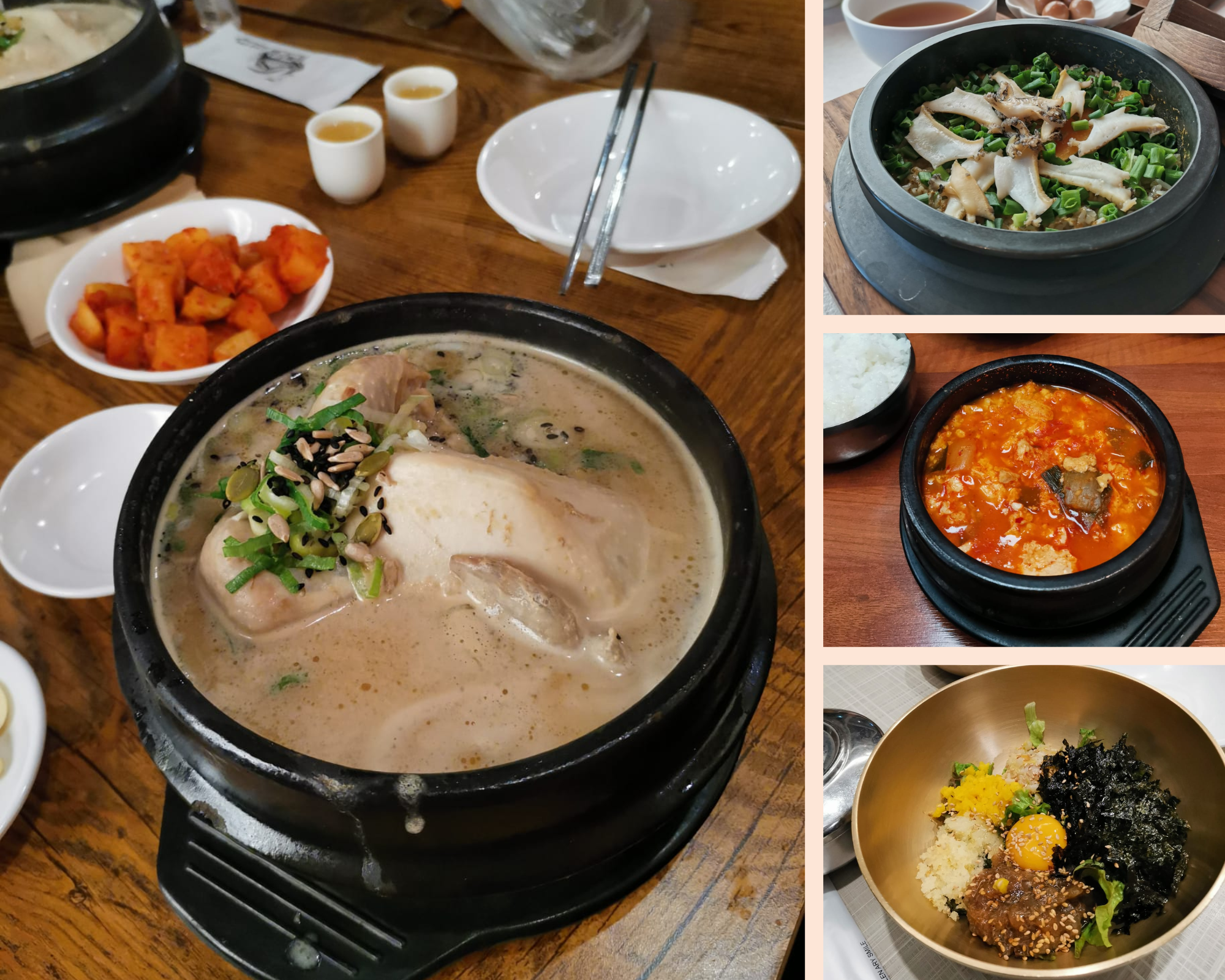 Del lado izquierdo se puede observar el platillo samgyetang. De arriba abajo, abulón con arroz, sundubu y bibimbap de camarón.