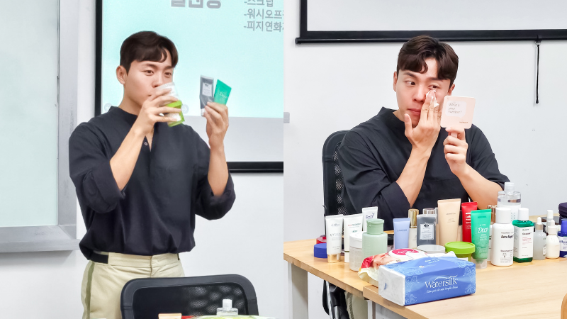 Thầy Shawn trực tiếp giới thiệu các sản phẩm và cách chăm sóc da. (Ảnh: Học viện King Sejong Hà Nội 3)