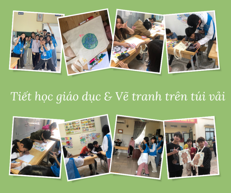 Tổng hợp ảnh hoạt động vẽ tranh trên túi vải bảo vệ môi trường của Đội Khoa học nhóm sinh viên trường đại học Changwon và các em học sinh khiếm thính tại Trung tâm nuôi dưỡng trẻ khuyết tật tại Hà Nội. (Ảnh: Hoàng Thị Phương Thảo)