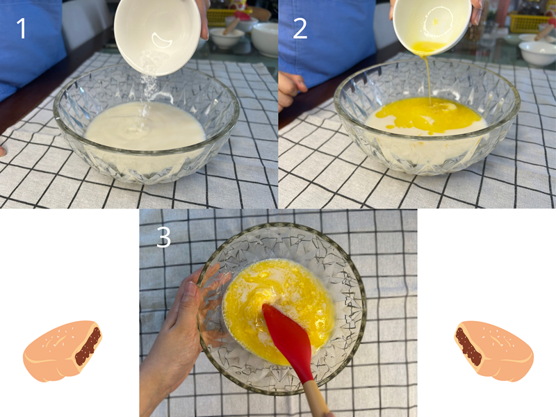 Lần lượt cho nước, sữa, men nở và đường vào tô và khuấy đều. (Ảnh: Lưu Hoàng Nhi)