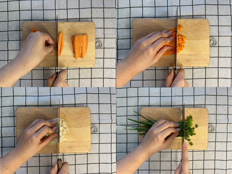 Cắt nhỏ các loại rau củ. (Ảnh: Lưu Hoàng Nhi)