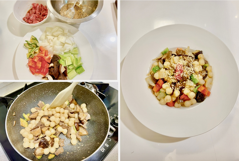 写真左上：上のレシピ写真の１〜４番で、切り揃えた野菜やお肉、タレなど下準備。　写真左下：上のレシピ写真の９番の状態です。　写真右：完成した宮中トッポキ。写真よりももっと美しく出来ていました＝吉岡香織