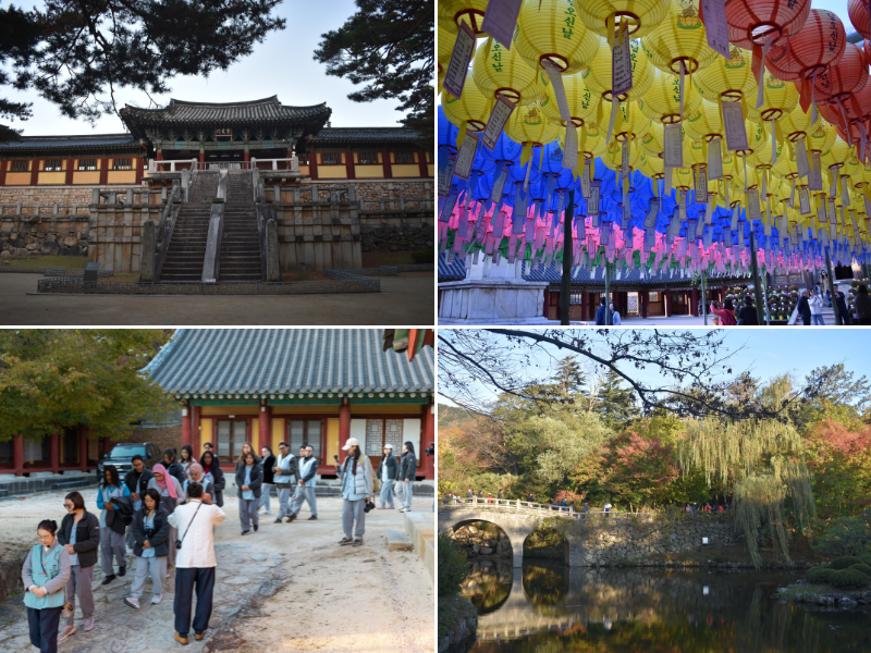 Las fotos muestran algunos de los sitios que pudimos observar durante la caminata en el templo Bulguksa. De izquierda a derecha en el sentido de las manecillas del reloj: Puerta Jahamun que conduce al salón Daeungjeon, linternas tradicionales coreanas ubicadas frente al salón Daeungjeon, puente Banyagyo y caminata en grupo por los alrededores del templo | KOCIS y Laura López Velázquez