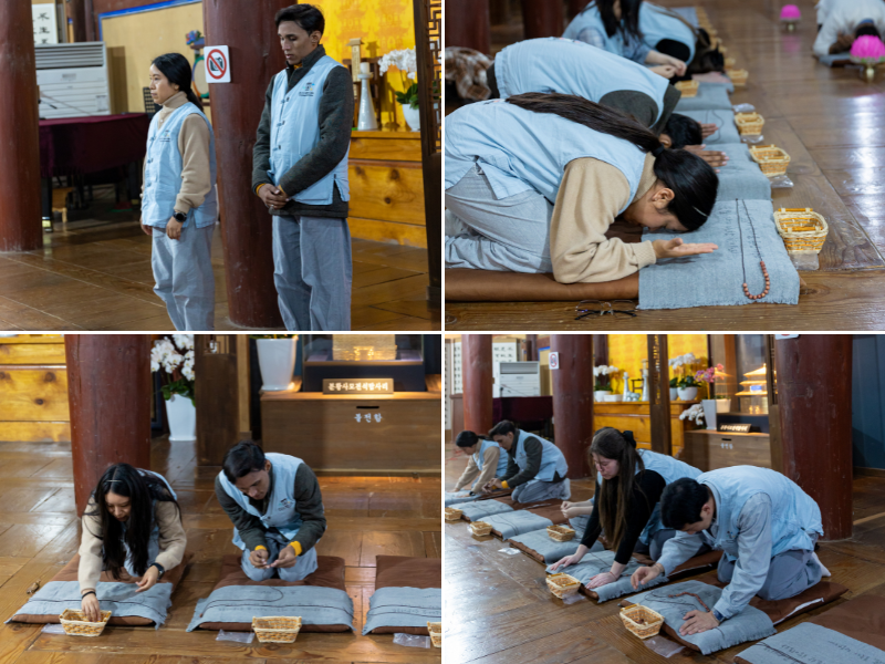 Las fotos muestran el proceso de la práctica de las 108 postraciones realizada adentro del Salón Museoljeon del Templo Bulguksa | KOCIS
