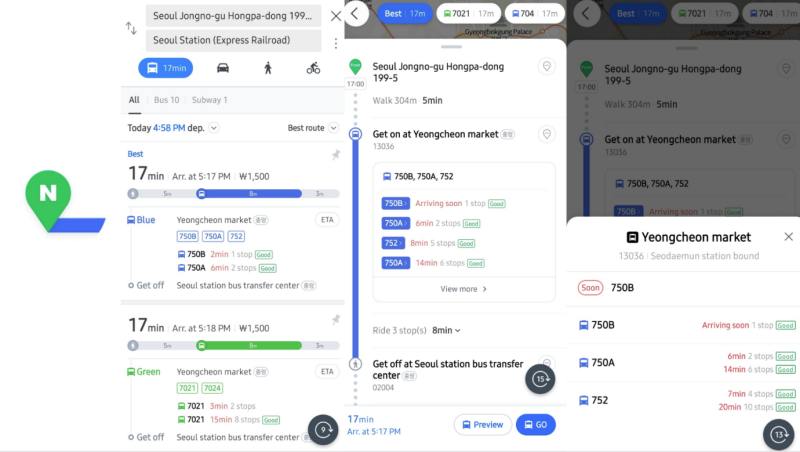 NAVER Map thể hiện rõ ràng màu sắc, thời gian, giá tiền và loại hình xe mà ta có thể sử dụng. (Ảnh: Nguyễn Phương Anh)