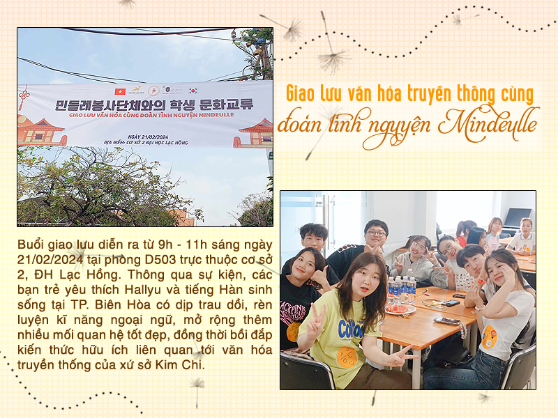 Buổi giao lưu diễn ra từ 9h – 11h sáng ngày 21/02/2024 tại phòng D503 trực thuộc cơ sở 2, Đại học Lạc Hồng. Thông qua chương trình, người tham dự có cơ hội tiếp xúc và tương tác thực tế cùng người bản xứ, đồng thời đây còn là dịp để những ai yêu mến làn sóng Hallyu tìm hiểu thêm về văn hóa độc đáo của xứ sở Kim Chi xinh đẹp. (Ảnh: Vũ Đỗ Hải Hà, Trang Facebook King Sejong Biên Hoà - Đại học Lạc Hồng)