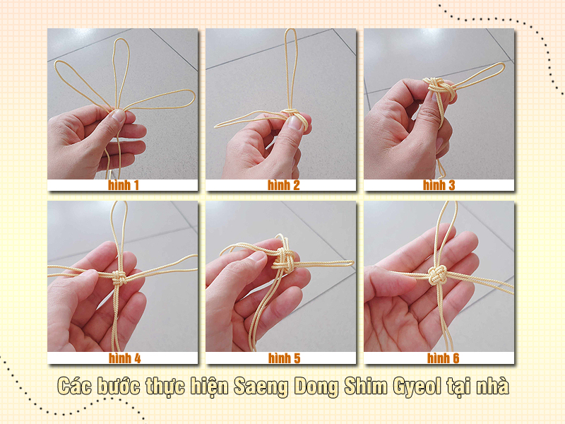 Các bước thực hiện nút thắt Saengdongshimgyeol tóm lược (theo thứ tự từ trái sang phải, trên xuống dưới, tương ứng với số đếm trên hình) chúng mình đúc rút được từ buổi giao lưu cùng đoàn tình nguyện Mindeulle. (Ảnh: Vũ Đỗ Hải Hà)