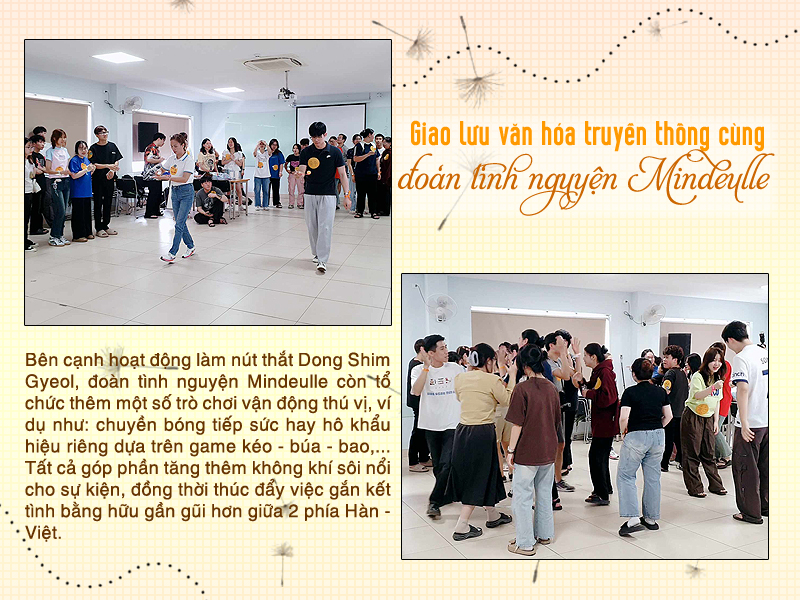 Đoàn tình nguyện Mindeulle còn khiến không khí buổi giao lưu trở nên sôi nổi hơn nhờ một số trò chơi vận động khá thú vị. Tất cả nhằm mang lại sự gần gũi, gắn bó giữa 2 phía Hàn – Việt, mặc dù là lần đầu tiên gặp gỡ. (Ảnh: Vũ Đỗ Hải Hà)