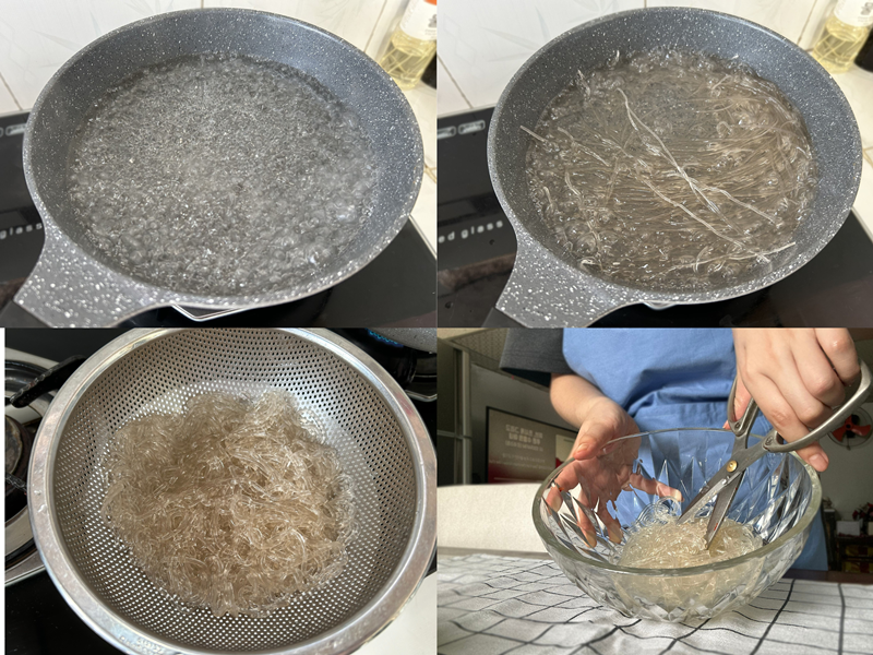 Luộc miến dong trong 6-8 phút, để ráo nước và cắt nhỏ. (Ảnh: Lưu Hoàng Nhi)