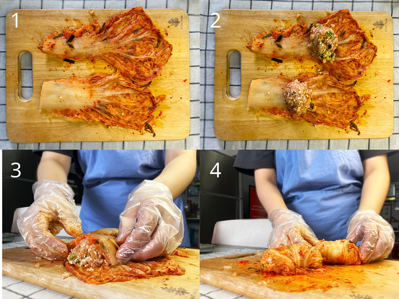 Cho phần nhân vừa đủ vào lá Kimchi rồi cuộn tròn lại. (Ảnh: Lưu Hoàng Nhi)