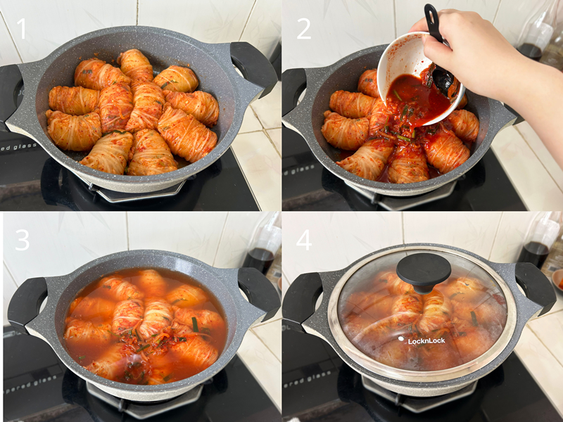 Cho chén gia vị và nước dùng vào nồi, đậy nắp và nấu trong 15 phút ở lửa vừa. (Ảnh: Lưu Hoàng Nhi)
