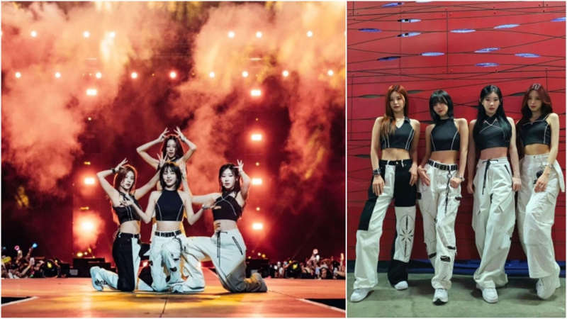 En la foto de la izquierda, ITZY realiza una presentación en el 'Music Bank' realizado en México en el 2023, y en la de la derecha, se toman una foto grupal en el backstage del Palacio de los deportes en México. | Cuenta oficial de ITZY en Instagram 