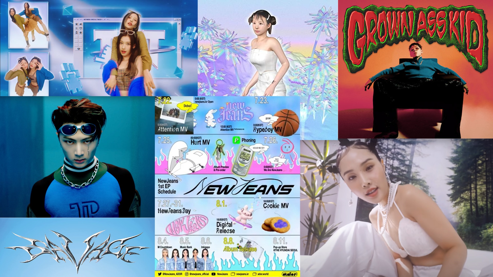 Différents visuels pour montrer l'influence de la tendance Y2K dans l'industrie musicale coréenne. De gauche à droite : Extrait du clip « Talk That Talk » de Twice et de « Blessed-Cursed » d'Enhypen, logo de l'album « Savage » d'aespa, pochette du single LOVE2000 de CCOLA, planning promotionnel pour les débuts de NewJeans, pochette de l'album « Grown Ass Kid » de Zico & extrait du clip « Strawberry Kisses » de BÉBE YANA. Montage Valentin Berty