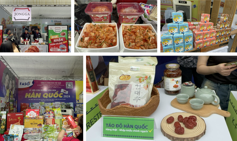 Những gian hàng do Tổng công ty Phân phối Nông thủy sản và Thực phẩm Hàn Quốc (aT) phối hợp cùng 10 doanh nghiệp thực phẩm Hàn Quốc đã khiến cho vị giác của mình trở nên bùng nổ bởi nền ẩm thực xứ củ sâm. (Ảnh: Hoàng Xuân Tùng) 