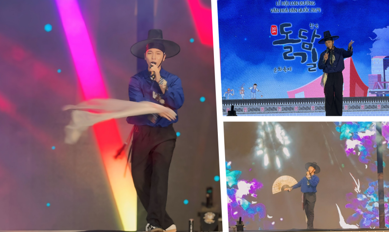 Với giọng hát đầy cảm xúc cùng với điệu nhảy Samulnori uyển chuyển, ca sĩ Cho Yoo Han đã đem đến niềm tự hào mãnh liệt về Hàn Quốc đối với người dân Việt Nam. (Ảnh: Hoàng Xuân Tùng)