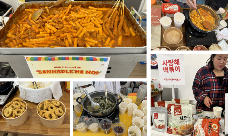 Những gian hàng ẩm thực với những món ăn hấp dẫn, đa dạng và đậm chất Hàn Quốc đã thu hút rất nhiều bạn trẻ đến thưởng thức. (Ảnh: Hoàng Xuân Tùng)
