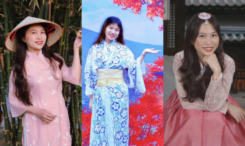 Áo dài, Kimono và Hanbok đều là những bộ quốc phục nổi tiếng của các quốc gia Việt, Nhật Bản và Hàn Quốc. (Ảnh: Nguyễn Phương Anh)