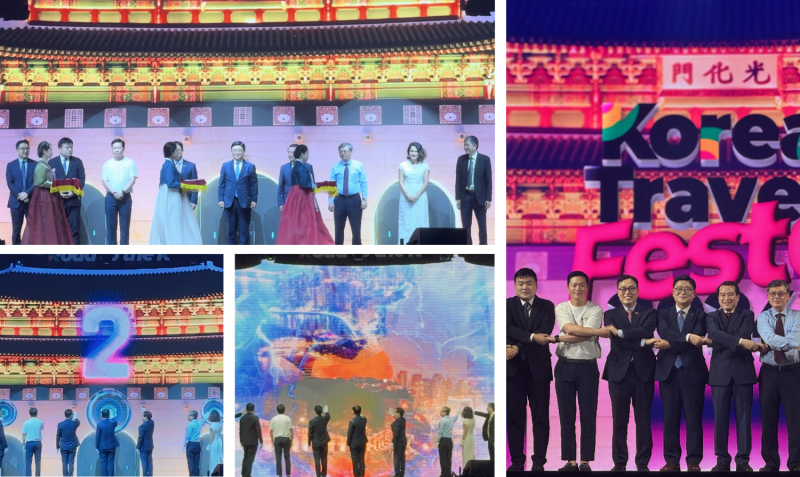 Sau khi phát biểu khai mạc xong, các đại biểu tham dự “Korea Travel Festa 2024” đã thực hiện nghi thức khai mạc lễ hội dưới hình thức tương tác với công nghệ thực tế ảo, với không khí trang trọng và uy nghiêm. (Ảnh: Hoàng Xuân Tùng) 
