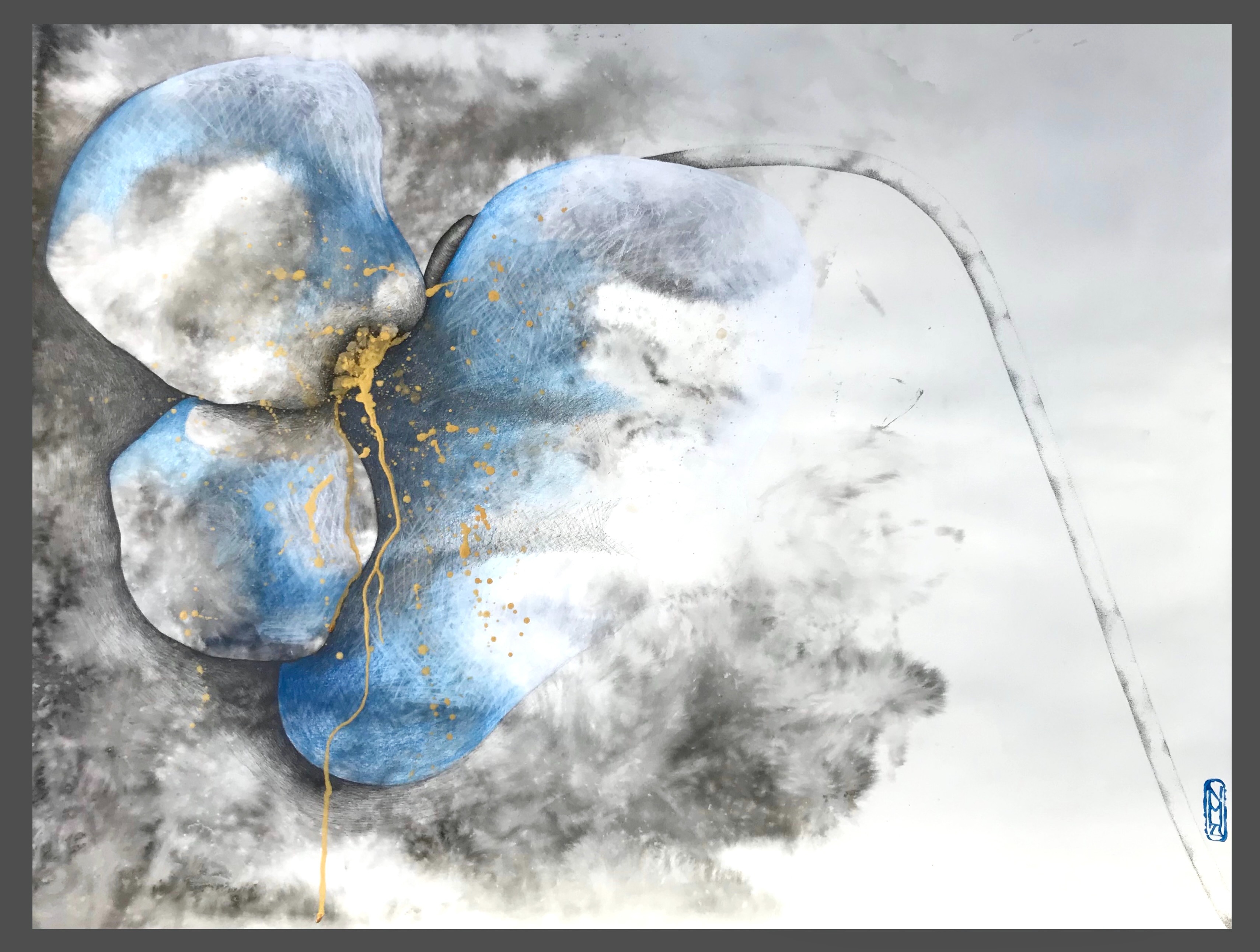 « Cœur brisé » de la série « Fleurs sauvages », encres, cire doré, acrylique et crayon sur papier aquarelles Arches 56x76cm, 2023. © Nan Müller