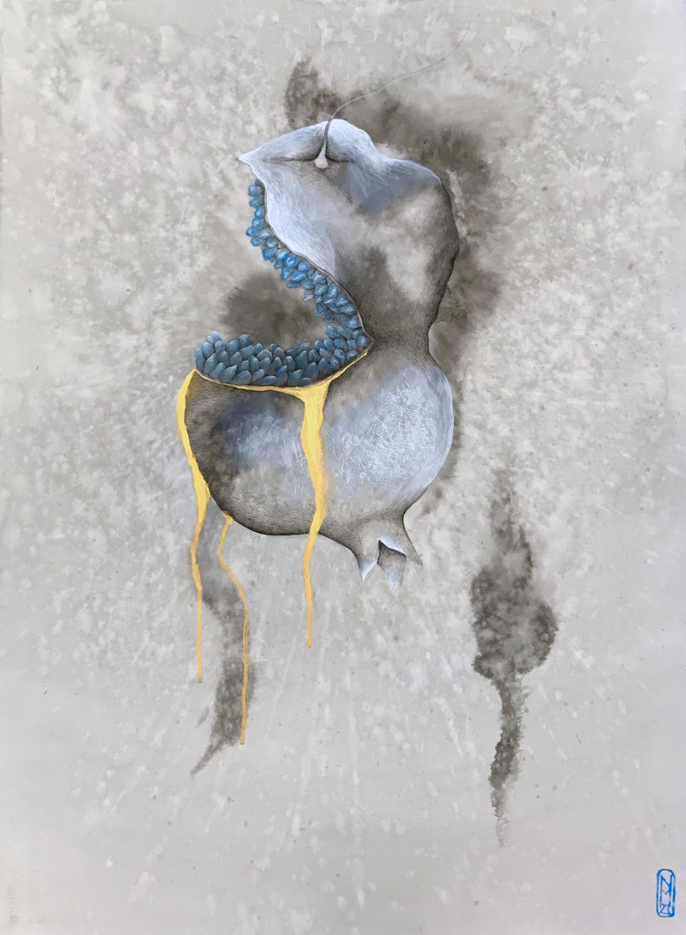 « Nature morte » de la série « Fleurs sauvages », encres, cire doré, acrylique et crayon sur papier aquarelles Arches 56x76cm, 2023. © Nan Müller
