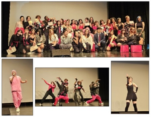 (Haut) Photo de groupe des participants de la compétition avec le consul Consul Ahn Young Min, les juges de la compétition Yeni, Yuchari et B-Boy Cho, et la présidente d’HallyuKorea Liz Yoon (Bas, de gauche à droite) Photos des performances des gagnants: le chanteur Rengee «Mr Pink», le groupe de danse Lynx, et la danseuse solo Salomé. © Alexane Scelles