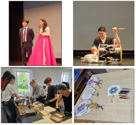De gauche à droite et de haut en bas : la présidente de l’association Liz Yoon et le consul Ahn Young Min annoncent les résultats du concours; démonstration de samulnori ; atelier de préparation de gimbaps ; matériel pour l’atelier de décoration d’éventails. © Alexane Scelles
