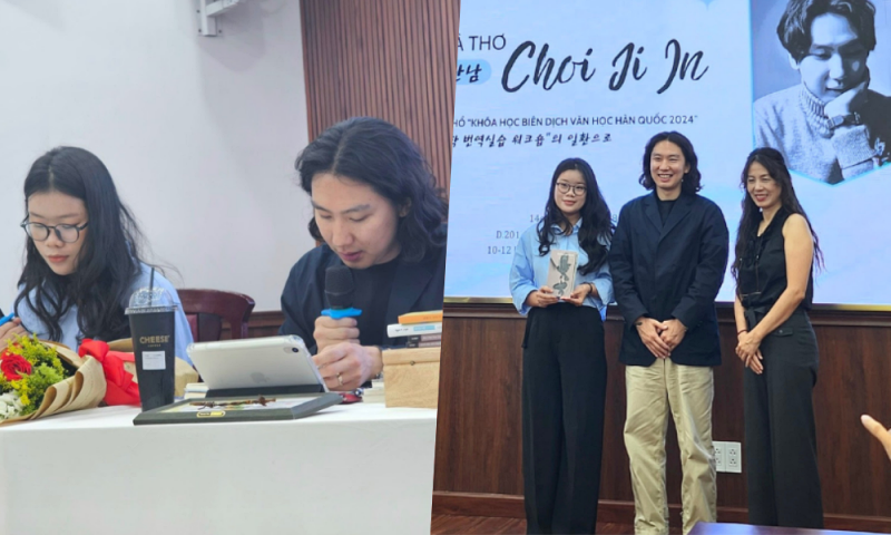 Phóng viên danh dự Phan Thị Thu Đào ngâm thơ và nhận quà từ nhà thơ Choi Ji In. (Ảnh: Phan Thị Thu Đào)