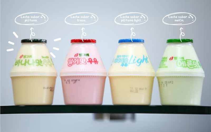 En la foto se muestran los diferentes sabores de leche. De izquierda a derecha: sabor de banana, sabor a fresa, sabor a banana light y sabor a melón. | Jeon Han 