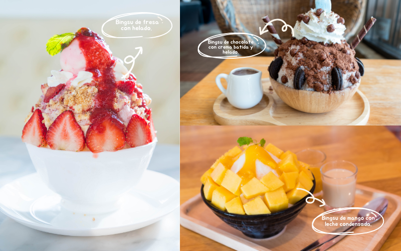 La foto muestra algunos de bingsu más populares de Corea. De izquierda a derecha, según las manecillas del reloj: bingsu de sabor a fresa con hielo raspado, helado, crema batida y nueces, bingsu de chocolate y oreo con hielo raspado, cocoa y barquillos y bingsu de mango con hielo raspado, leche condensada y salsa de mango. | Getty Images