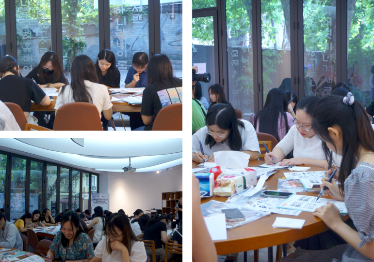 Các bạn học viên đam mê sáng tạo tác phẩm thư pháp của riêng mình. (Ảnh: Trần Huyền Phương)