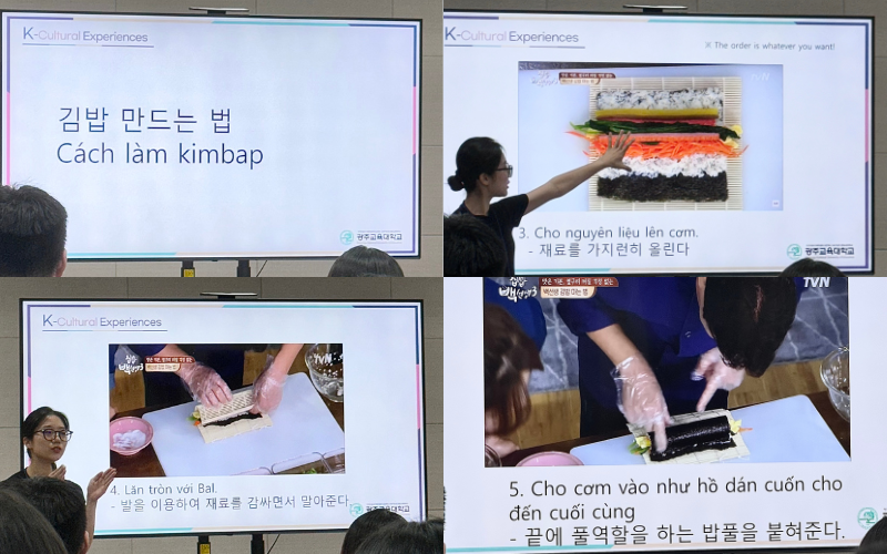 Quy trình làm Gimbap được các bạn sinh viên Hàn Quốc giới thiệu cụ thể. (Ảnh: Nguyễn Lâm Mỹ Duyên)