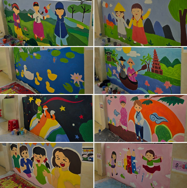 Những bức tranh ngập tràn màu sắc chính là “món quà” tinh thần lớn lao mà đoàn tình nguyện LS dành tặng các thầy cô và học sinh nhà trường. (Ảnh: Đoàn tình nguyện LS kì 27 và Tổ chức Copion)