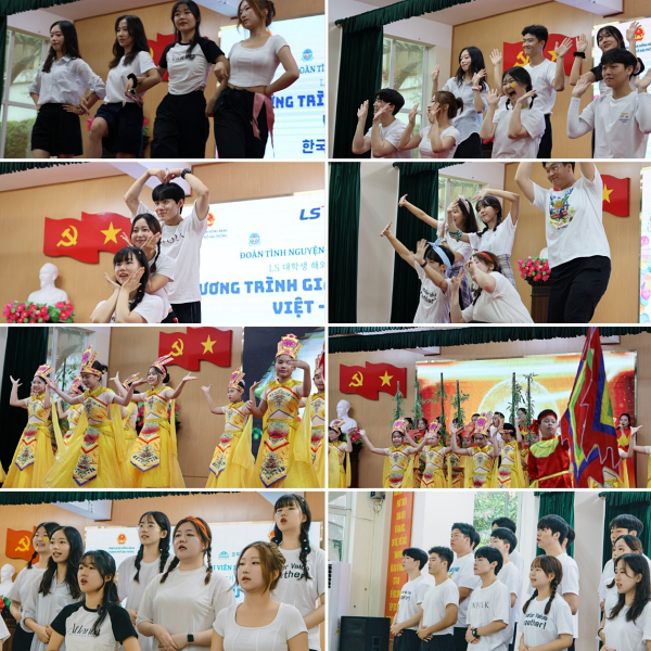 Những tiết mục vô cùng đặc sắc của đoàn sinh viên tình nguyện Hàn Quốc và thầy cô, các em học sinh trường Tiểu học Trần Văn Ơn. (Ảnh: Đoàn tình nguyện LS kì 27 và Tổ chức Copion)