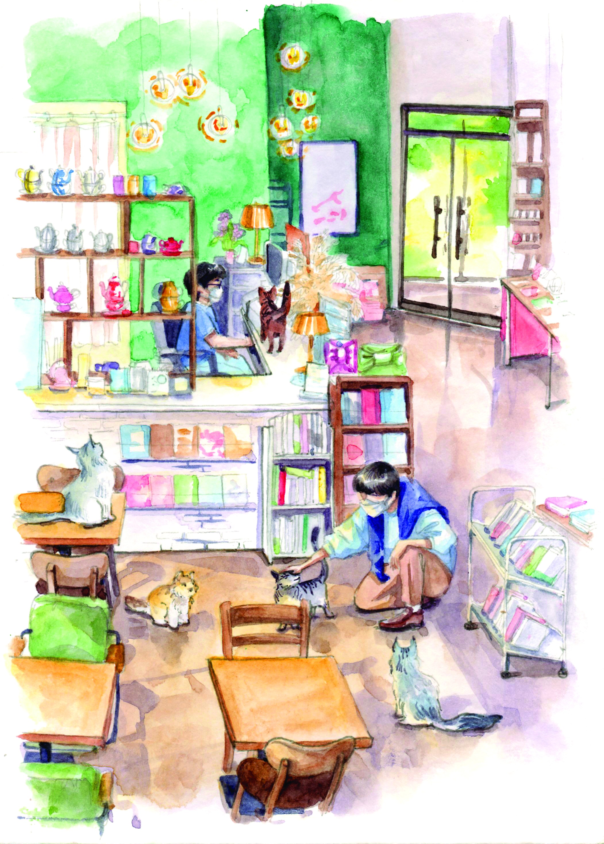 Croquis du Book Café Tong 69 à Andong, réalisé sur place à l'aquarelle en septembre 2022. © Clara Vialletelle