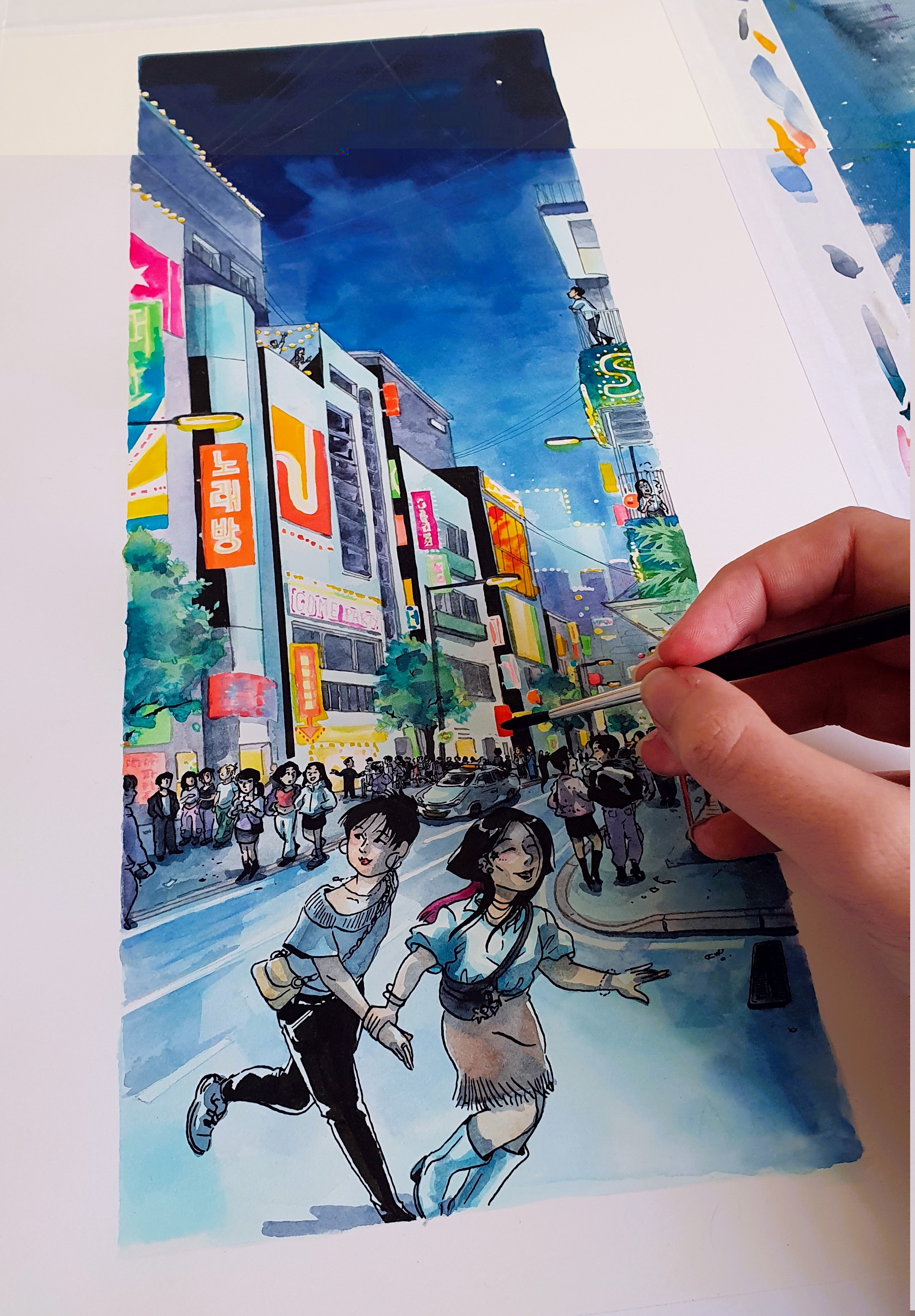 Illustration d'une soirée à Hongdae pour le K-voyage, réalisée à l'aquarelle et à l'encre. © Clara Vialletelle