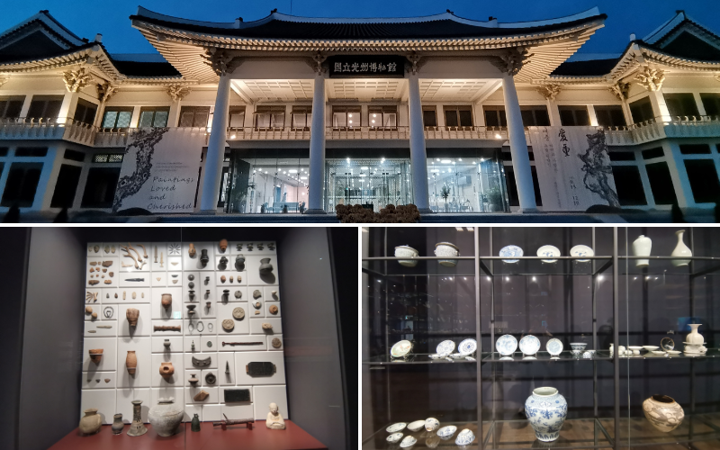 Las imágenes muestran: la fachada nocturna del Museo Nacional de Gwangju, un segmento de la colección de la Galería de Cerámica Asiática y, una de las exposiciones en la Galería de Historia y Cultura. Imágenes capturadas en noviembre de 2023.