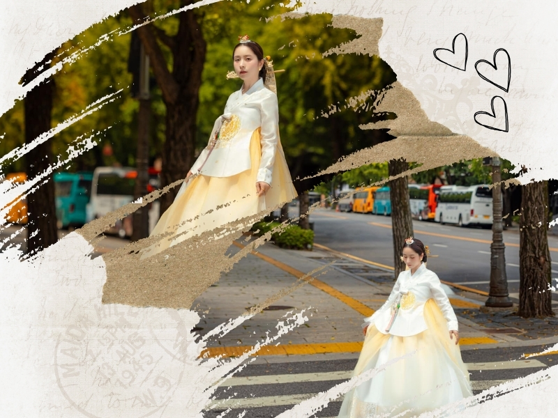 Chụp ảnh cùng trang phục truyền thống Hanbok. (Ảnh: Vũ Linh, Thiết kế: Bùi Văn Tuyên)