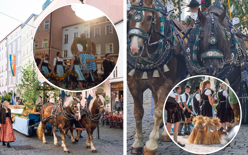 Erntedank-Festzug mit Pferden und mit Erntekrone aus Stroh. © Manuel Guthmann