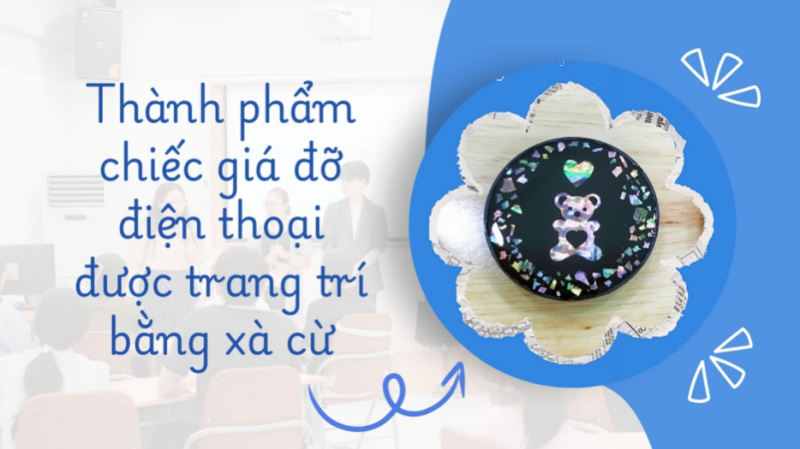 Đây chính là chiếc giá đỡ điện thoại được trang trí bằng xà cừ mà lần đầu tiên mình làm được. (Ảnh: Nguyễn Thùy Linh) 