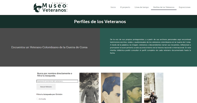 La foto muestra la sección 'Perfiles de los Veteranos' del Museo Virtual de Veteranos Colombianos de la Guerra de Corea. 