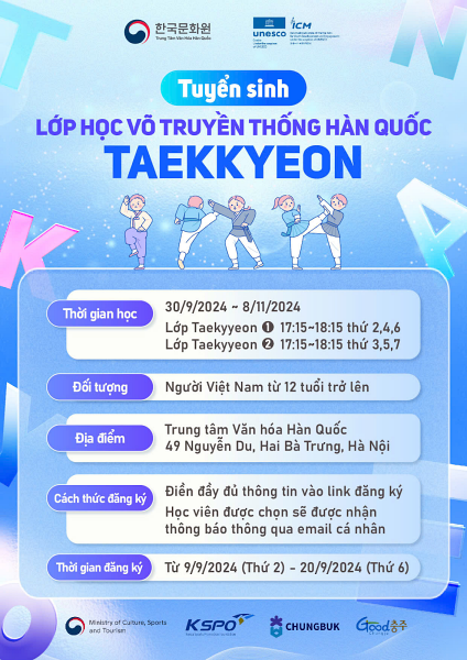 Poster tuyển sinh học viên cho “Lớp học võ truyền thống Hàn Quốc Taekkyeon”. (Ảnh: Trang Facebook chính thức của Trung tâm Văn hoá Hàn Quốc tại Việt Nam)