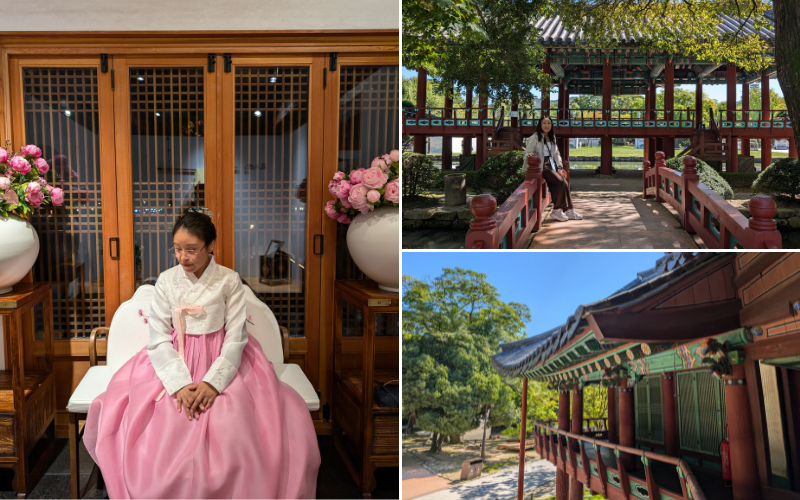 A la izquierda se presenta a la reportera honoraria Laura López Velázquez usando el hanbok, la tradicional vestimenta de Corea. A la derecha, se aprecia una vista de la mañana del pabellón Wanwoljeong y el pabellón Gwanghallu.