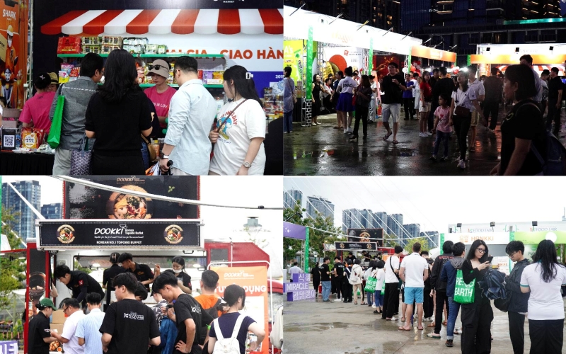 Những hàng người xếp nối đuôi nhau chờ đến lượt để thưởng thức ẩm thực Hàn Quốc tại các gian hàng. (Ảnh: Lê Thị Yến)