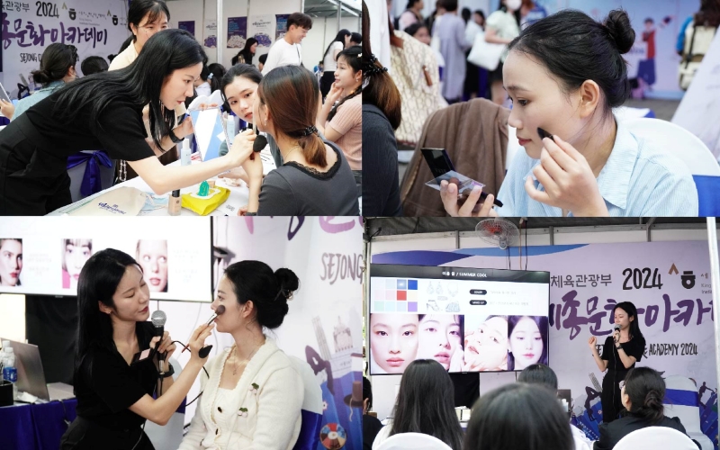 Đông đảo các bạn sinh viên tham gia lớp học K-beauty cùng với chuyên gia trang điểm Seo Ho Bin. (Ảnh: Lê Thị Yến)