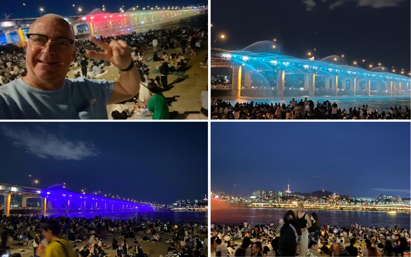 Die Banpo Bridge am Fluss Hangang erstrahlt in ihrer berühmten Rainbow Fountain Show.