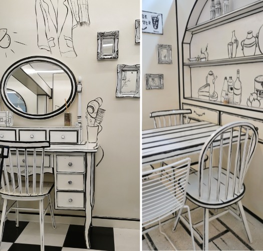 Un café dessiné en 2D pour un dépaysement total. © Alexia Ponsonnet